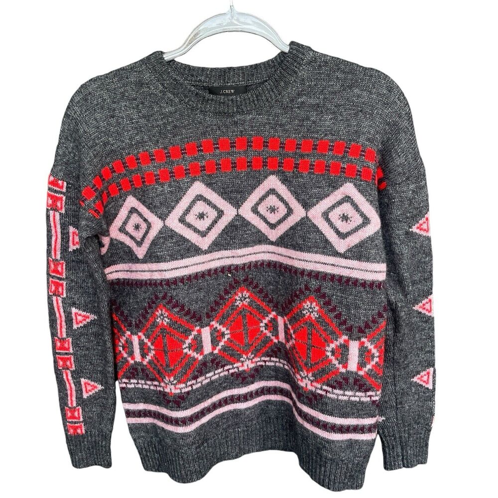 J.Crew Fair Isle Sweater Womens Small Gray Wool Blend Retro Striped Long Sleeve‎